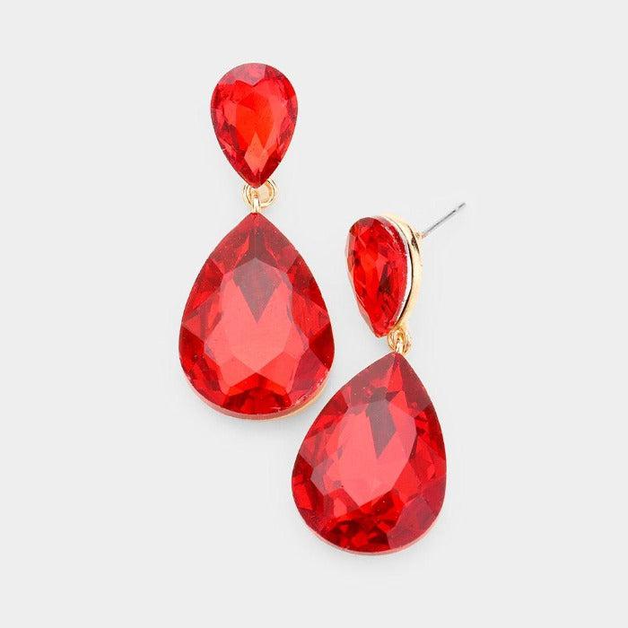 Red Crystal Double Teardrop Gold Earrings