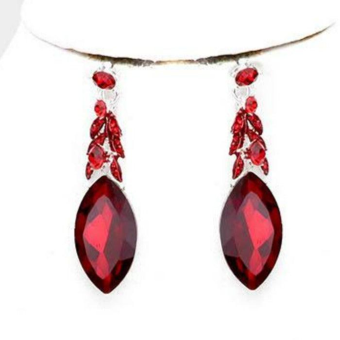 Red Crystal Marquise Vine Leaf Evening Silver Necklace Set