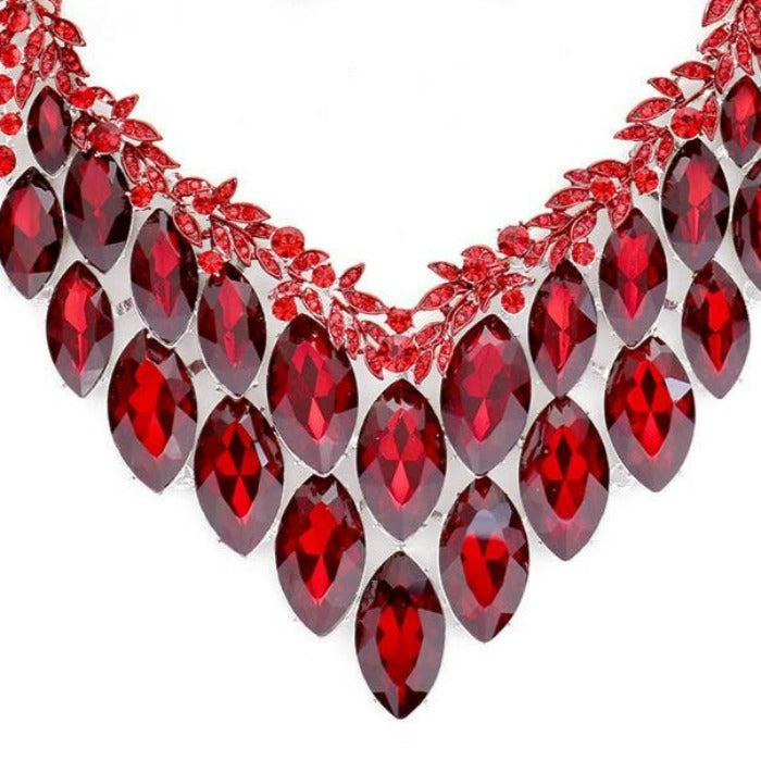 Red Crystal Marquise Vine Leaf Evening Silver Necklace Set