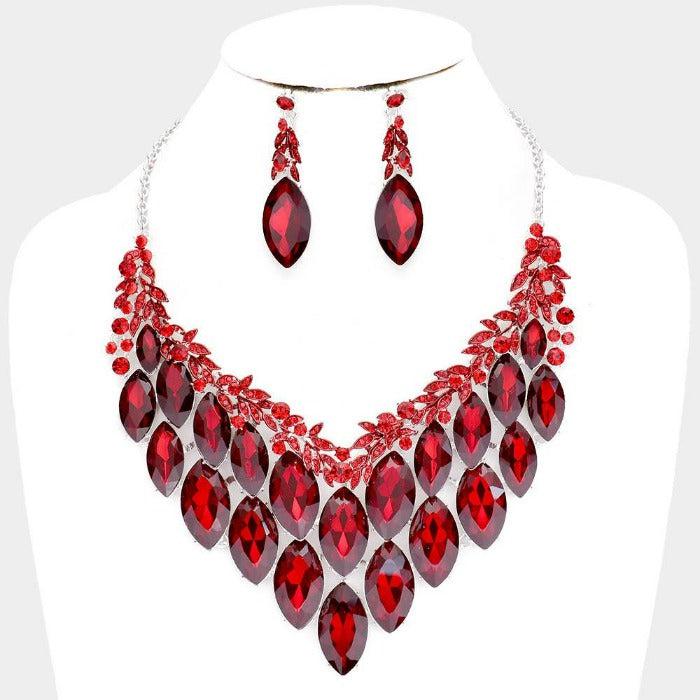 Red Crystal Marquise Vine Leaf Evening Silver Necklace Set