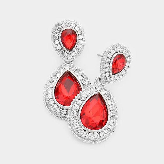 Red Crystal Pave Silver Evening Earrings