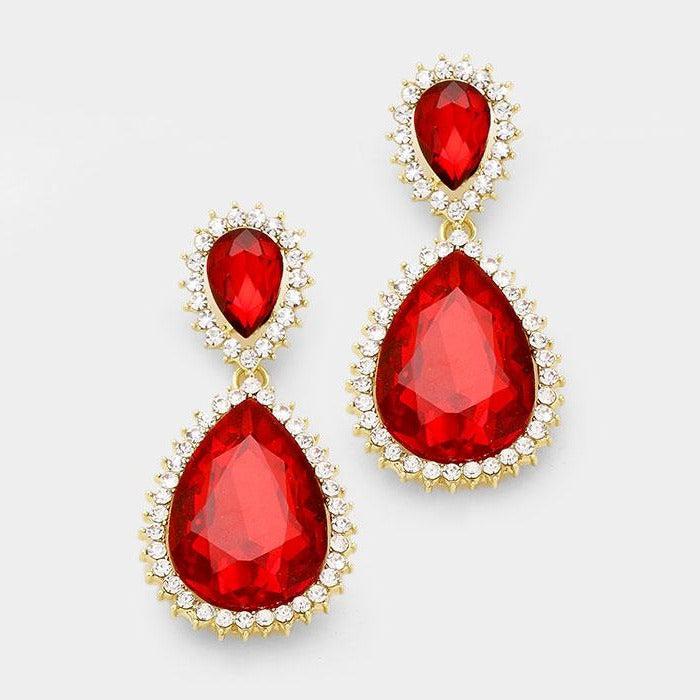 Red Crystal Rhinestone Teardrop Evening Earrings
