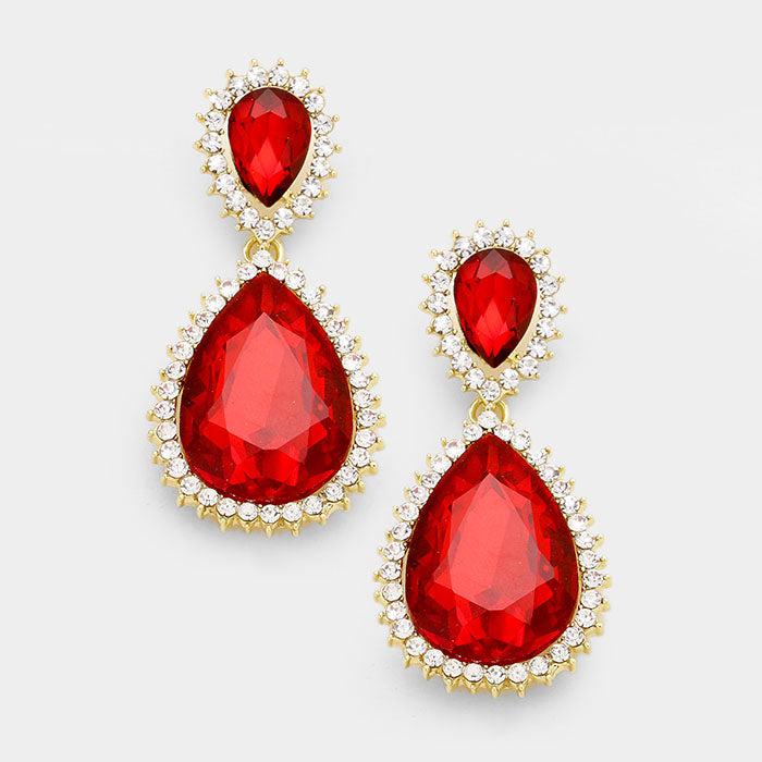Red Crystal Rhinestone Teardrop Evening Earrings