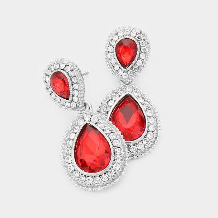 Red Crystal Teardrop Silver Earrings by Sophia Collection