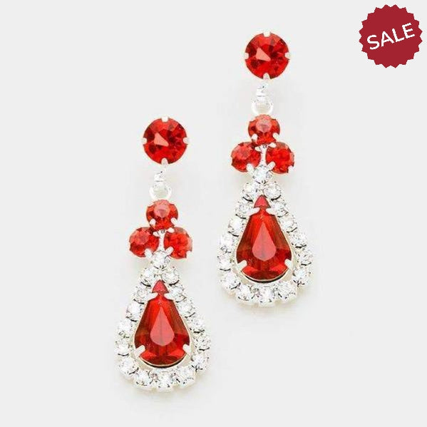 Red Crystals & Silver Pave Trim Rhinestone Evening Earrings by Christina Collection