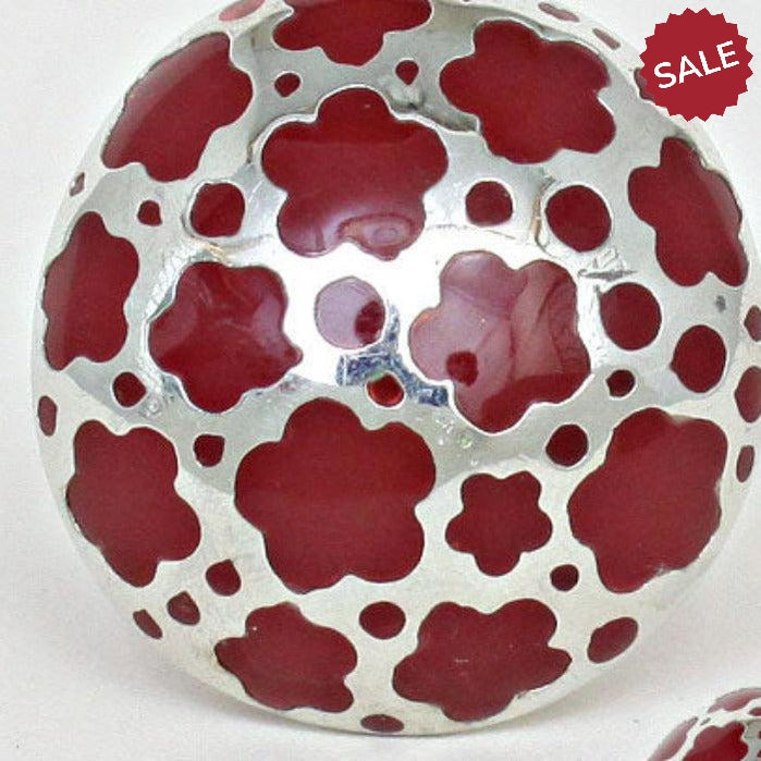 Red Enamel & Flower Rhodium Statement Dome Ring Size 8