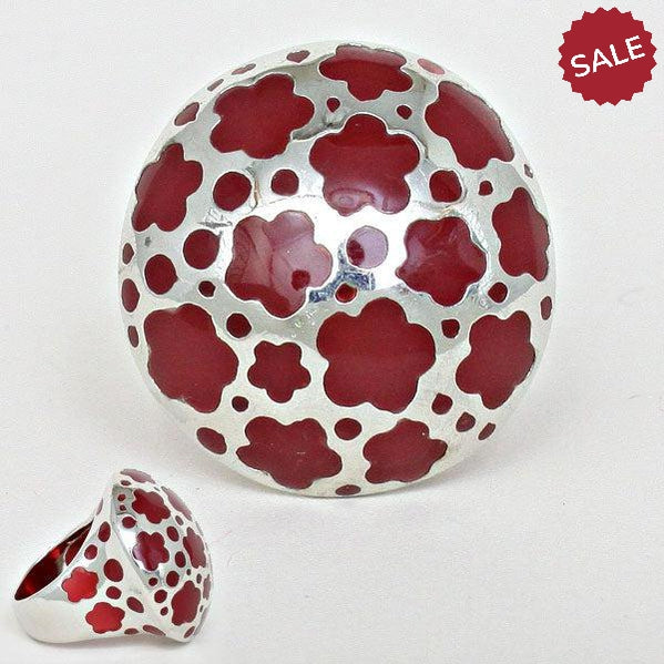 Red Enamel & Flower Rhodium Statement Dome Ring Size 8