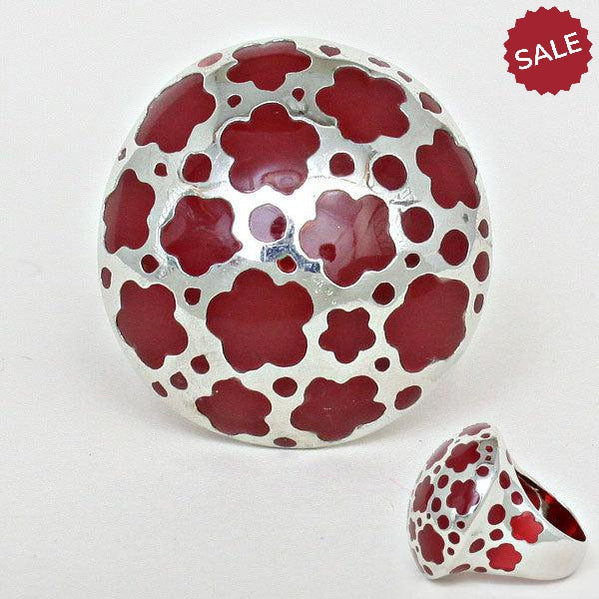 Red Enamel & Flower Rhodium Statement Dome Ring Size 8