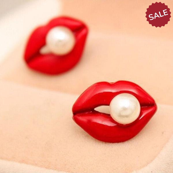 Red Enamel Lips With Simulated Pearl Stud Earrings