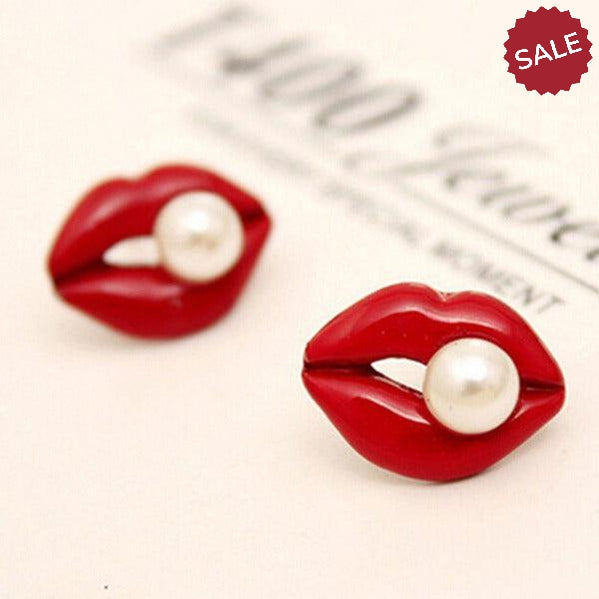 Red Enamel Lips With Simulated Pearl Stud Earrings