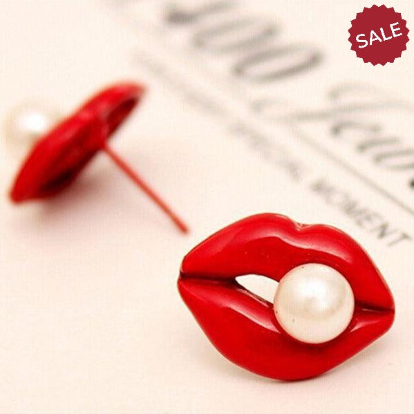 Red Enamel Lips With Simulated Pearl Stud Earrings