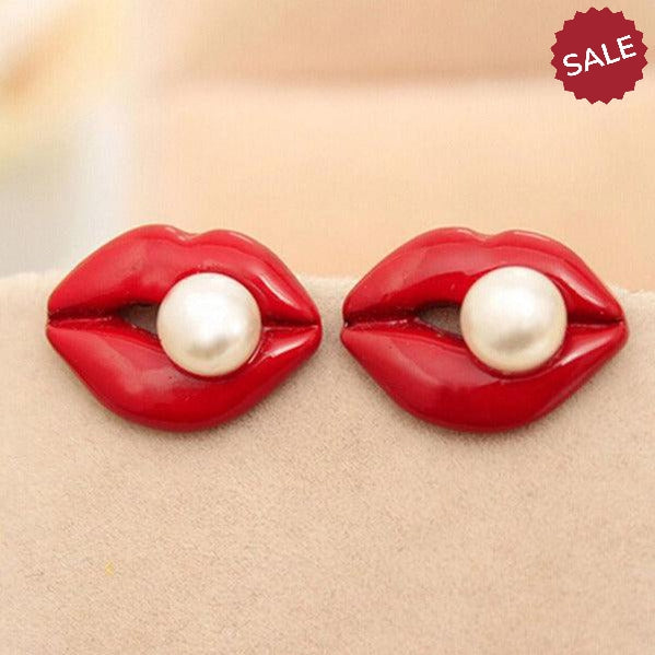 Red Enamel Lips With Simulated Pearl Stud Earrings