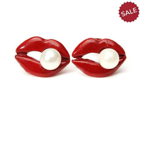 Red Enamel Lips With Simulated Pearl Stud Earrings