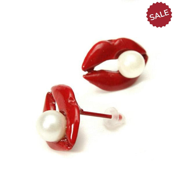 Red Enamel Lips With Simulated Pearl Stud Earrings