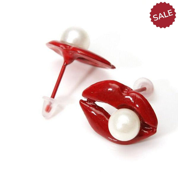 Red Enamel Lips With Simulated Pearl Stud Earrings