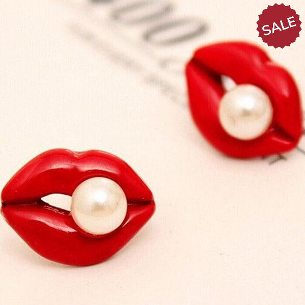 Red Enamel Lips With Simulated Pearl Stud Earrings