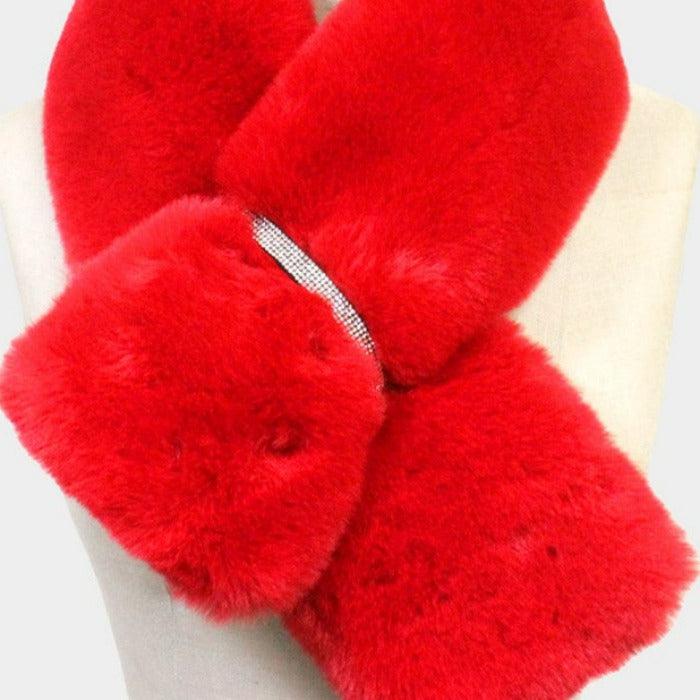 Red Faux Fur Bling Pull Through Scarf