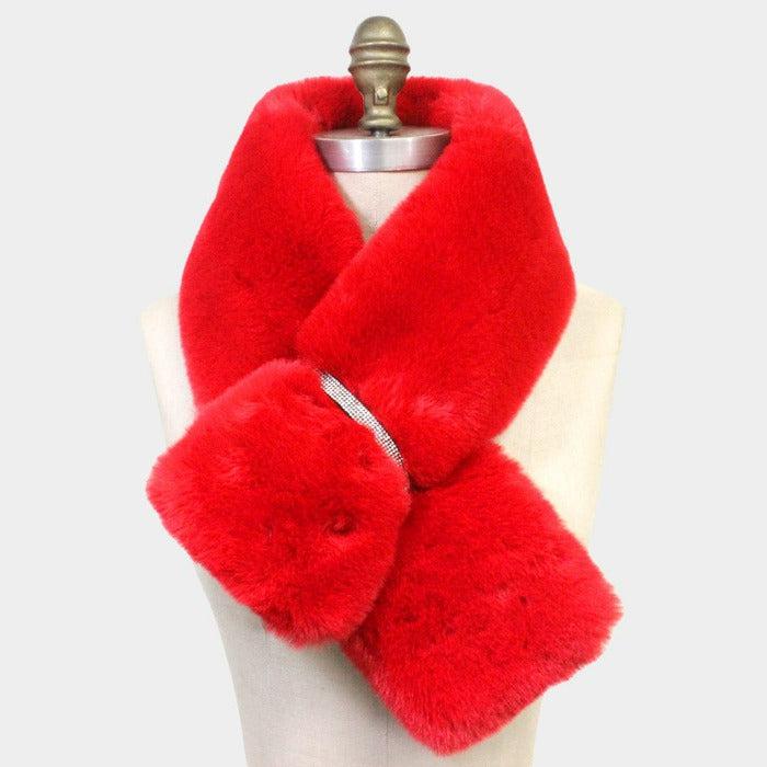 Red Faux Fur Bling Pull Through Scarf
