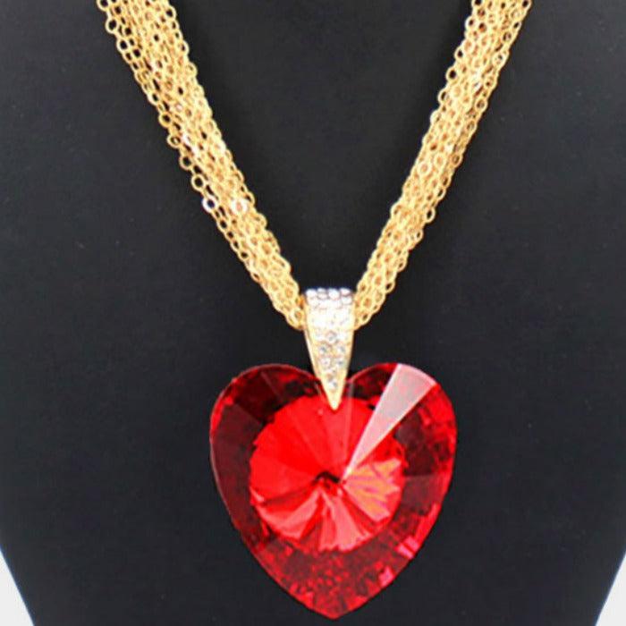 Red Heart Pendant Multi Strand Chain Necklace Set