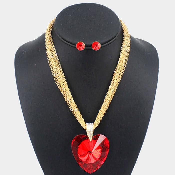 Red Heart Pendant Multi Strand Chain Necklace Set