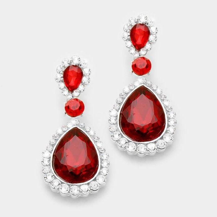 Red Rhinestone Pave Trim Crystal Evening Earrings