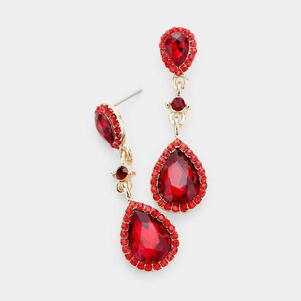 Miro Red Pear Crystal Rhinestone Trim Drop Evening Earrings