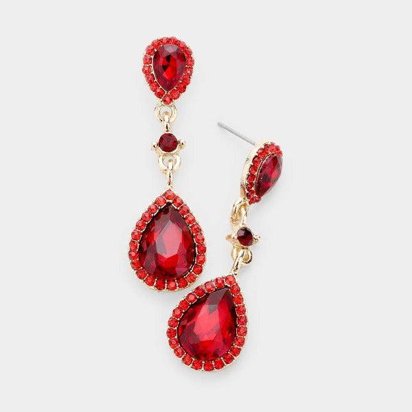 Miro Red Pear Crystal Rhinestone Trim Drop Evening Earrings