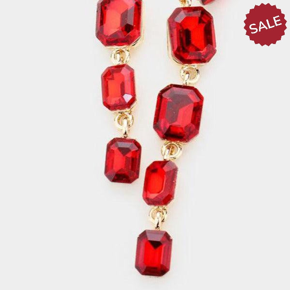 Red Rectangle Crystal Link Evening Earrings-Earring-SPARKLE ARMAND