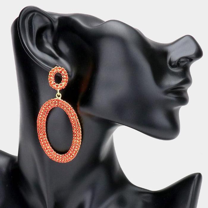 Red Rhinestone Double Open Oval Earrings