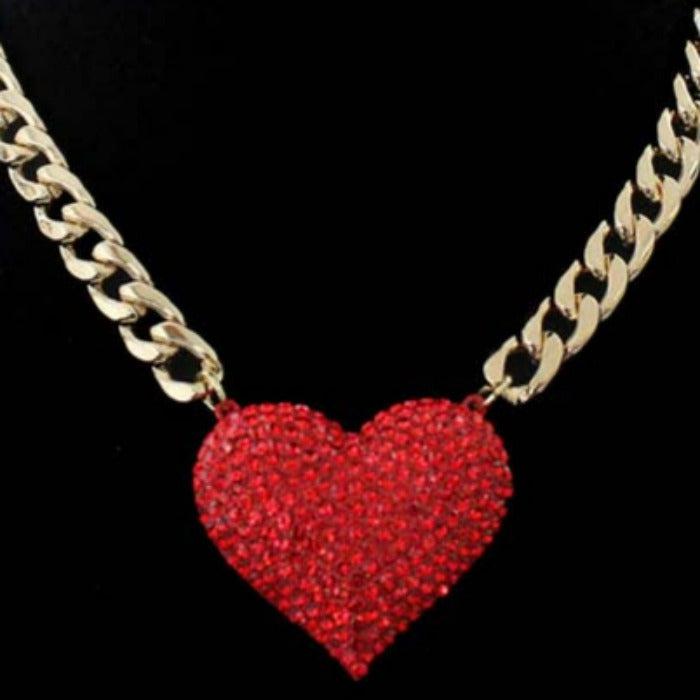 Red Rhinestone Pave Heart Pendant Gold Necklace Set