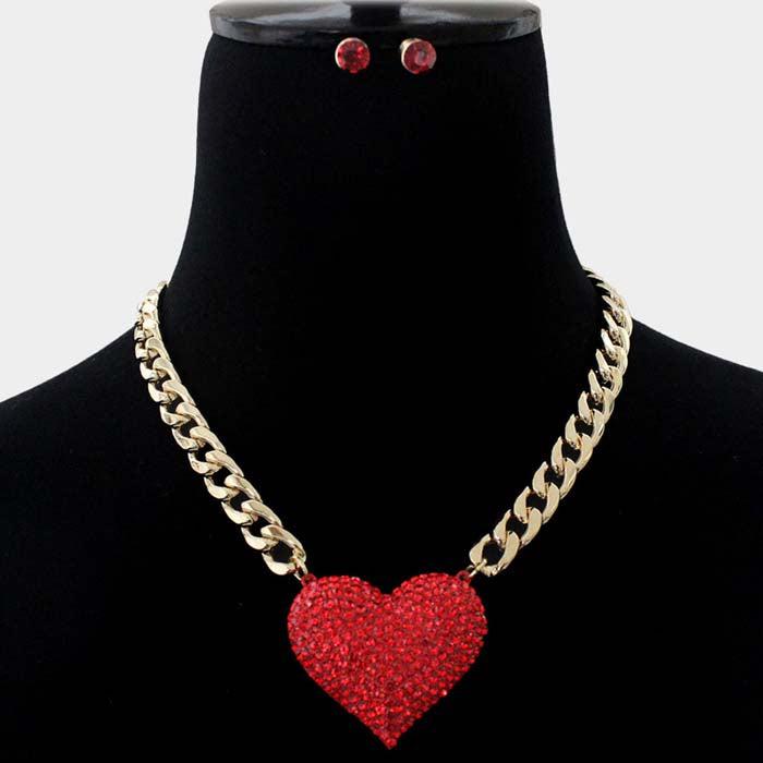 Red Rhinestone Pave Heart Pendant Gold Necklace Set