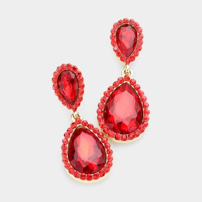 Red Rhinestone Trim Teardrop Dangle Earrings by BLUE ICE