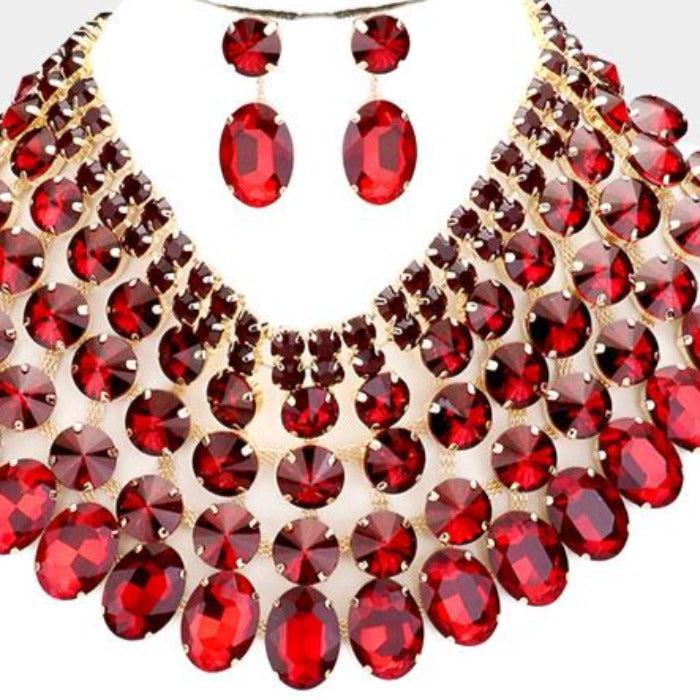 Red Siam Crystal Glass Bib Statement Gold Necklace Set