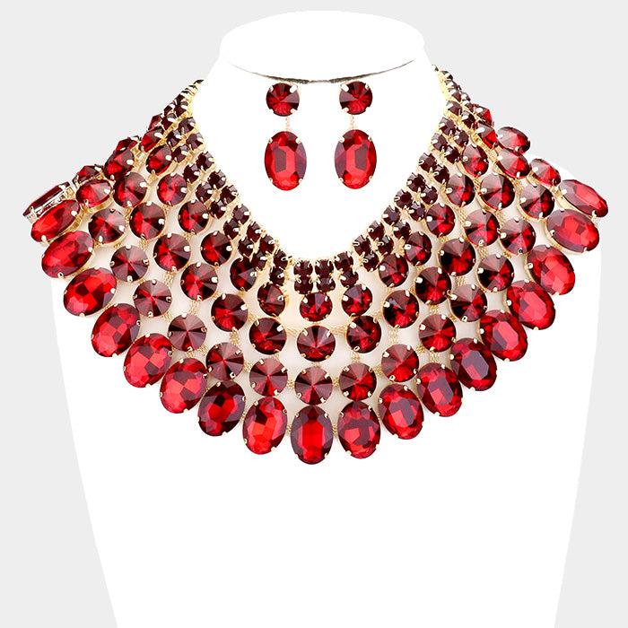 Red Siam Crystal Glass Bib Statement Gold Necklace Set