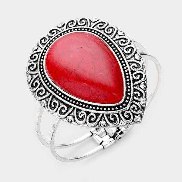Red Stone Antique Pattern Hinged Bracelet
