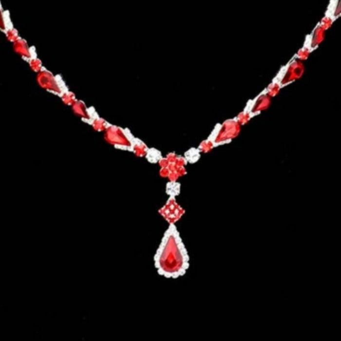 Red Teardrop Stone Detail Rhinestone Silver Necklace Set