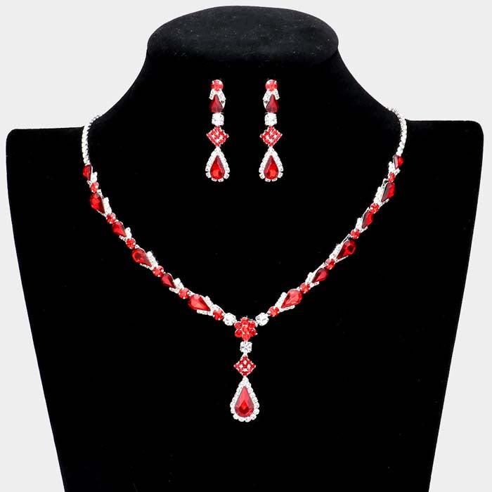 Red Teardrop Stone Detail Rhinestone Silver Necklace Set