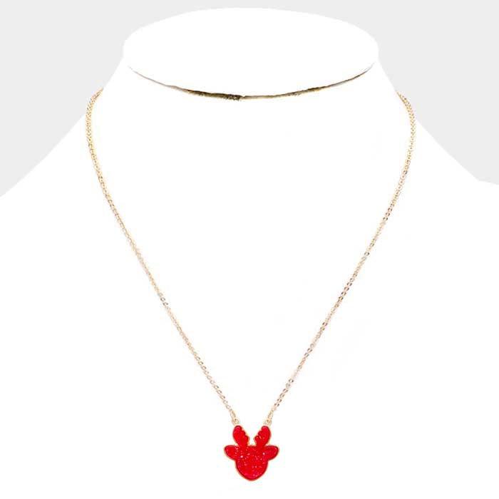 Reindeer Red Druzy Gold Pendant Necklace