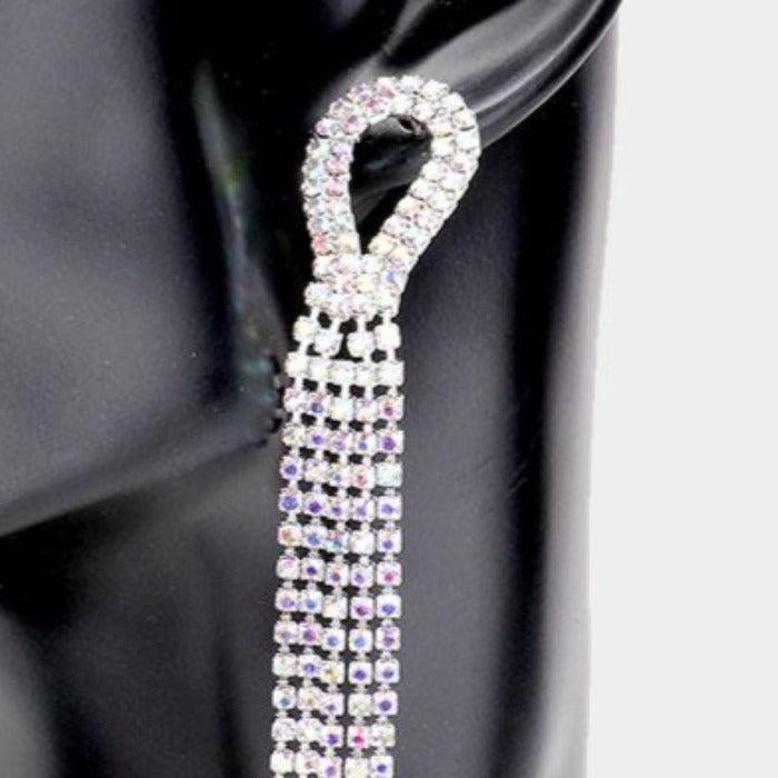 Rhinestone Abalone Pave Fringe Silver Evening Earrings