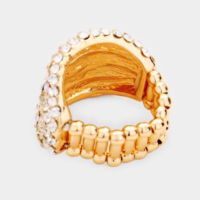 Rhinestone Abalone Pave Multi Row Gold Stretch Ring