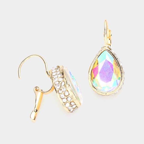 Rhinestone Aurora Borealis Teardrop Stone Lever Back Gold Evening Earrings