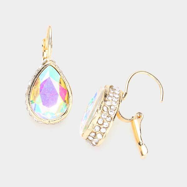 Rhinestone Aurora Borealis Teardrop Stone Lever Back Gold Evening Earrings