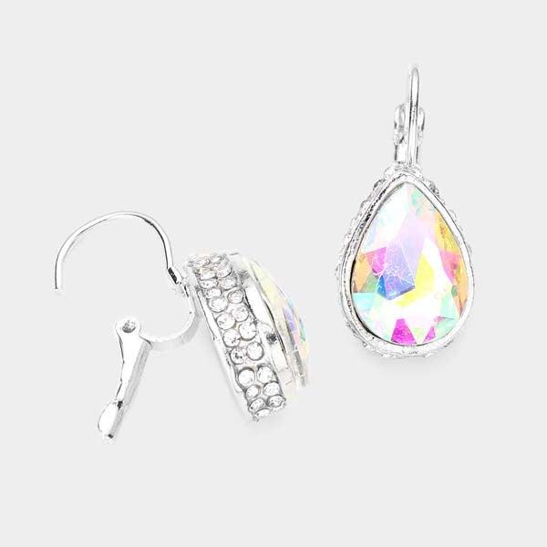 Rhinestone Aurora Borealis Teardrop Stone Lever Back Silver Evening Earrings