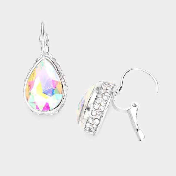 Rhinestone Aurora Borealis Teardrop Stone Lever Back Silver Evening Earrings