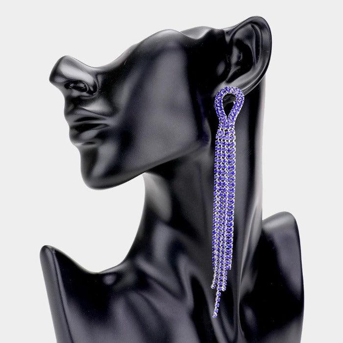 Rhinestone Blue Pave Fringe Silver Evening Earrings