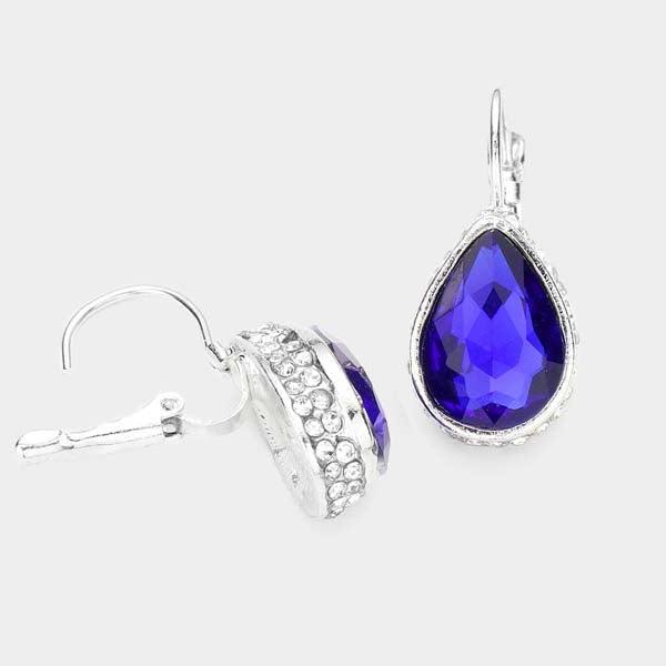 Rhinestone Blue Teardrop Stone Lever Back Silver Evening Earrings