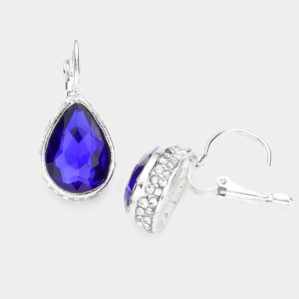 Rhinestone Blue Teardrop Stone Lever Back Silver Evening Earrings