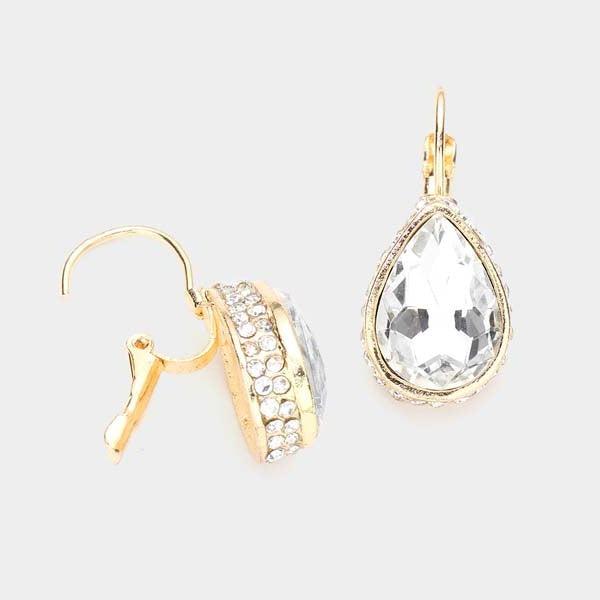 Rhinestone Clear Teardrop Stone Lever Back Gold Evening Earrings