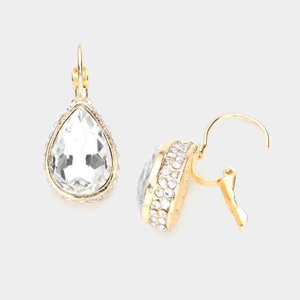 Rhinestone Clear Teardrop Stone Lever Back Gold Evening Earrings