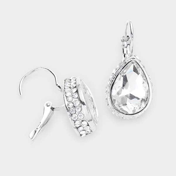 Rhinestone Clear Teardrop Stone Lever Back Silver Evening Earrings